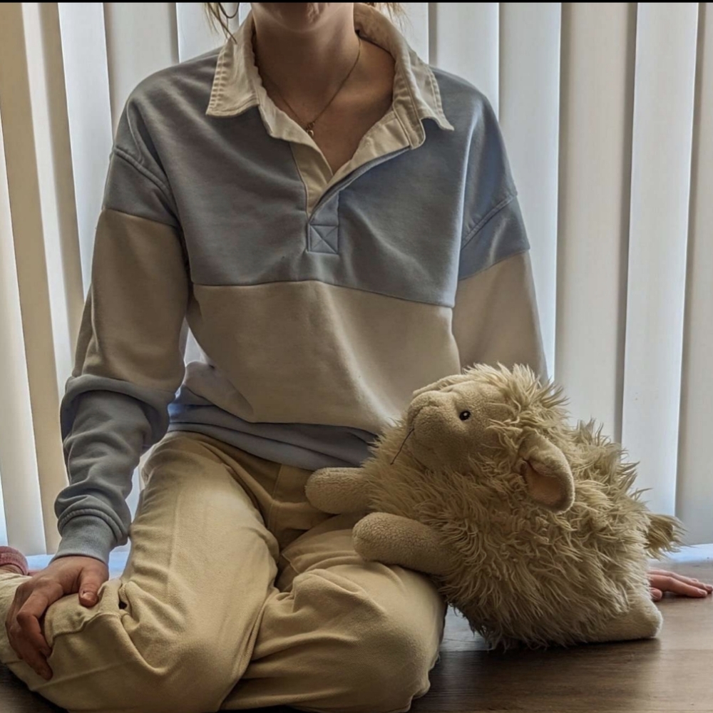 White and light blue polo long sleeve sweater